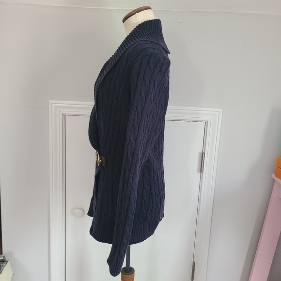 Ralph Lauren Buckle Sweater Womens Size L Cable Knit Preppy Equestrian READ FLAW - Picture 3 of 16
